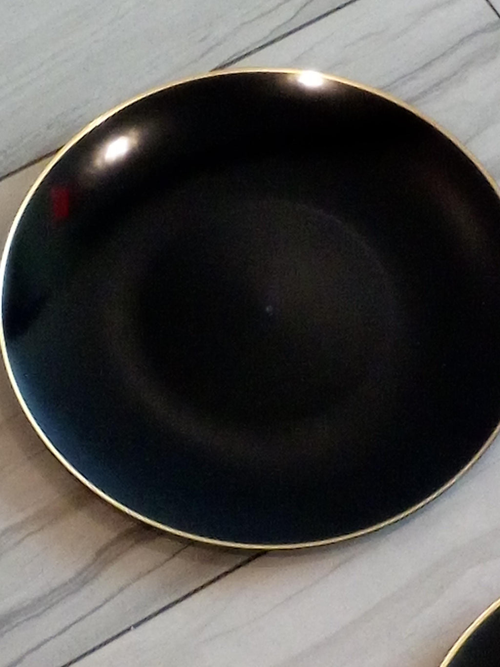 A set of 4 Black with Gold Rim Transparent Hammered Plastic Charger party Plates